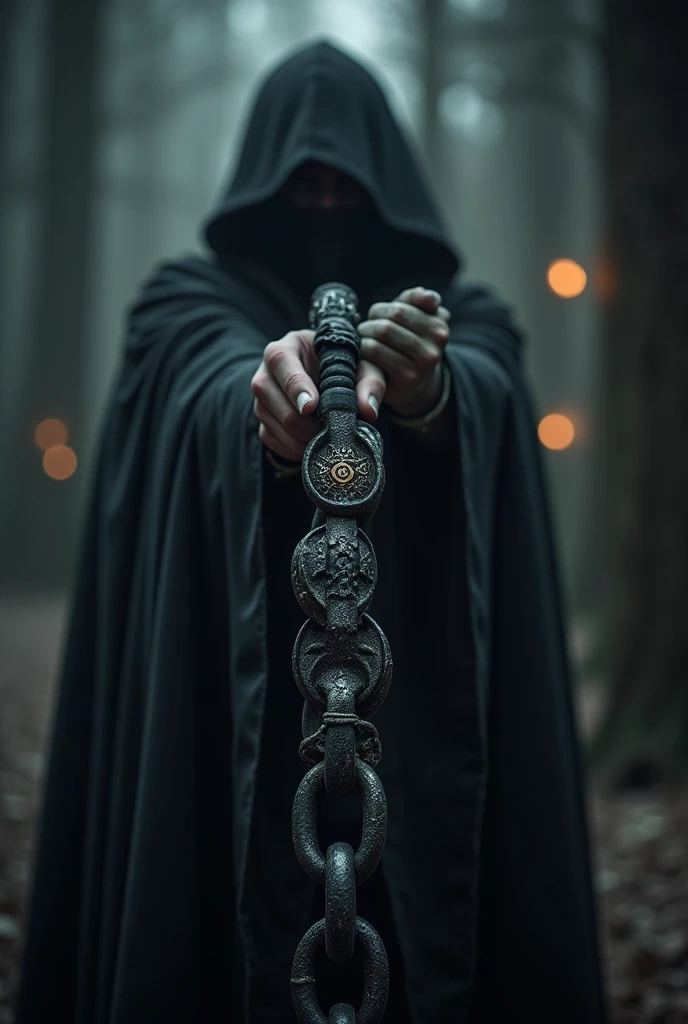 A black chain whip weapon with symbols on it.