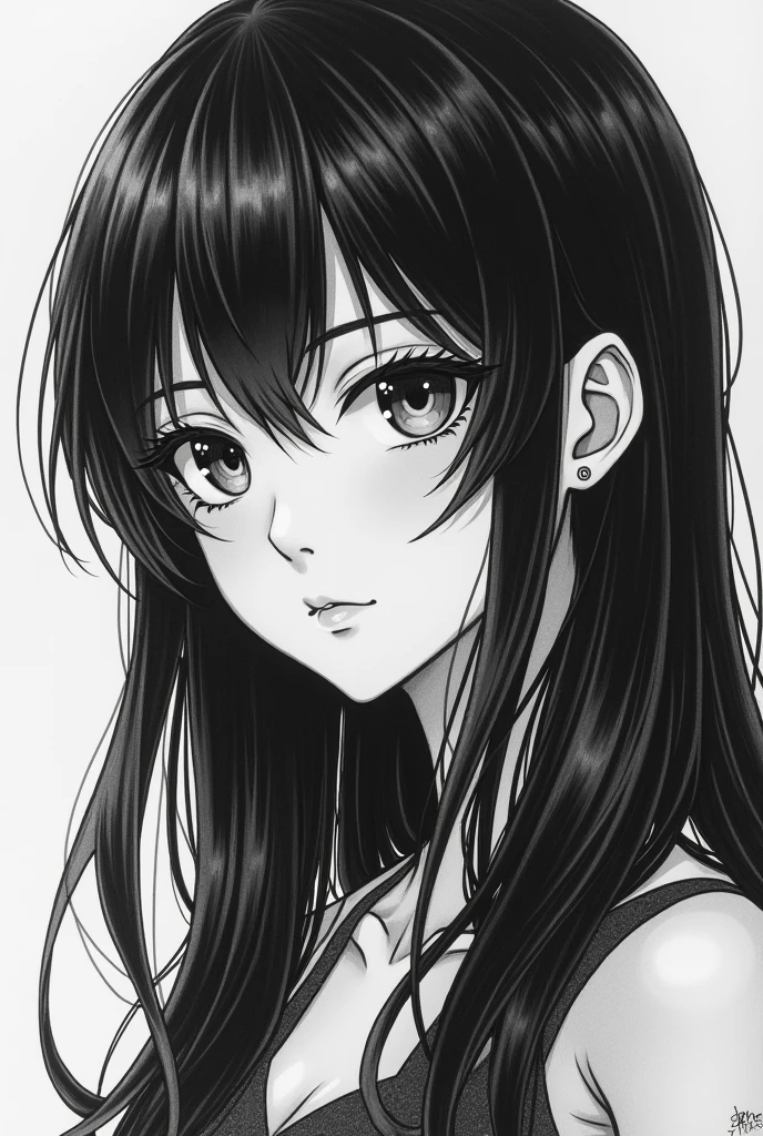 A beautiful girl with sharp outlined eyes and long black hair with a wolfcut haircut and pale skin in a 2d anime-type style drawn in pencil

