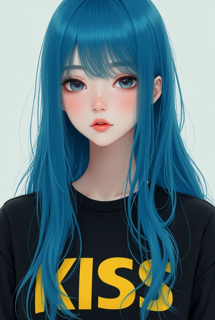 Kizi , long straight completely blue colored hair , she wears a long black t-shirt with KISS written in yellow, closeup 