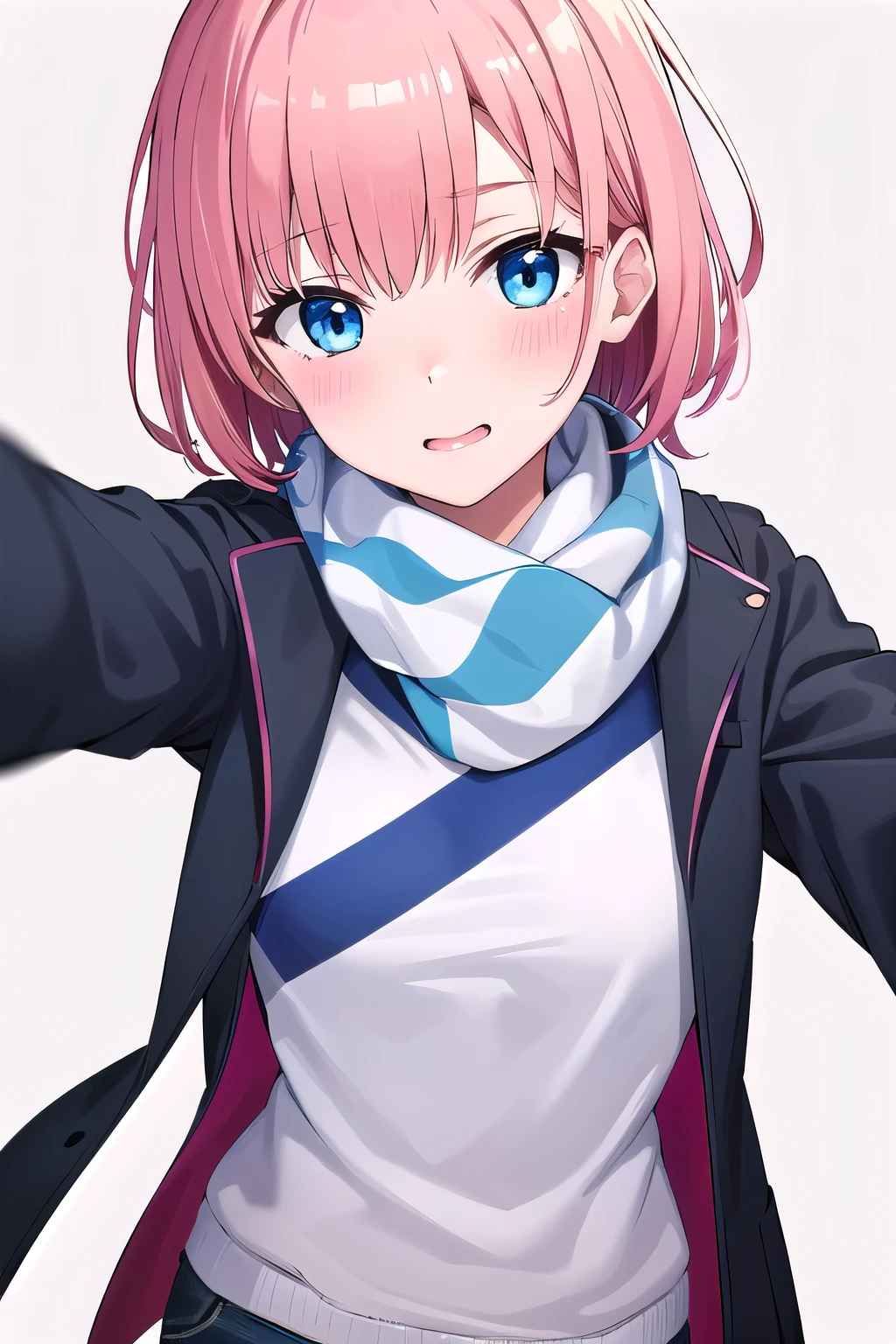 girl,boyish, very short hair, pink Hair, medium Breasts, winter clothing ,Cowboy Shot,blush,sexy face,blue eyes,clearly,Striped pattern, (white background:1.3),