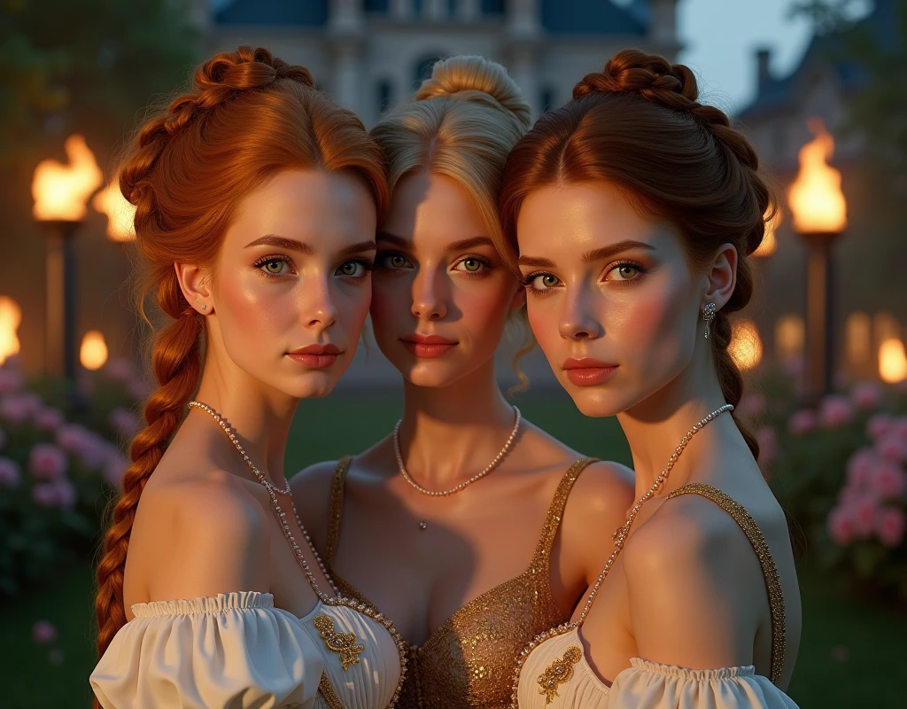in Bridgerton, 3 girls, twins, 21 years, in England 1803, one redhead ((ginger)), one blonde, perfect green eyes, buns with braids, sides, built-in and with crown, ((best quality)), ((master piece)), (detailed), perfect face, beautiful, skinny, slim body, corset and gloves, golden and white underware, pearls, jewelry, in front of a castle house, rustic house, night time, flambeau fire, perfect garden, flowers, Prom 