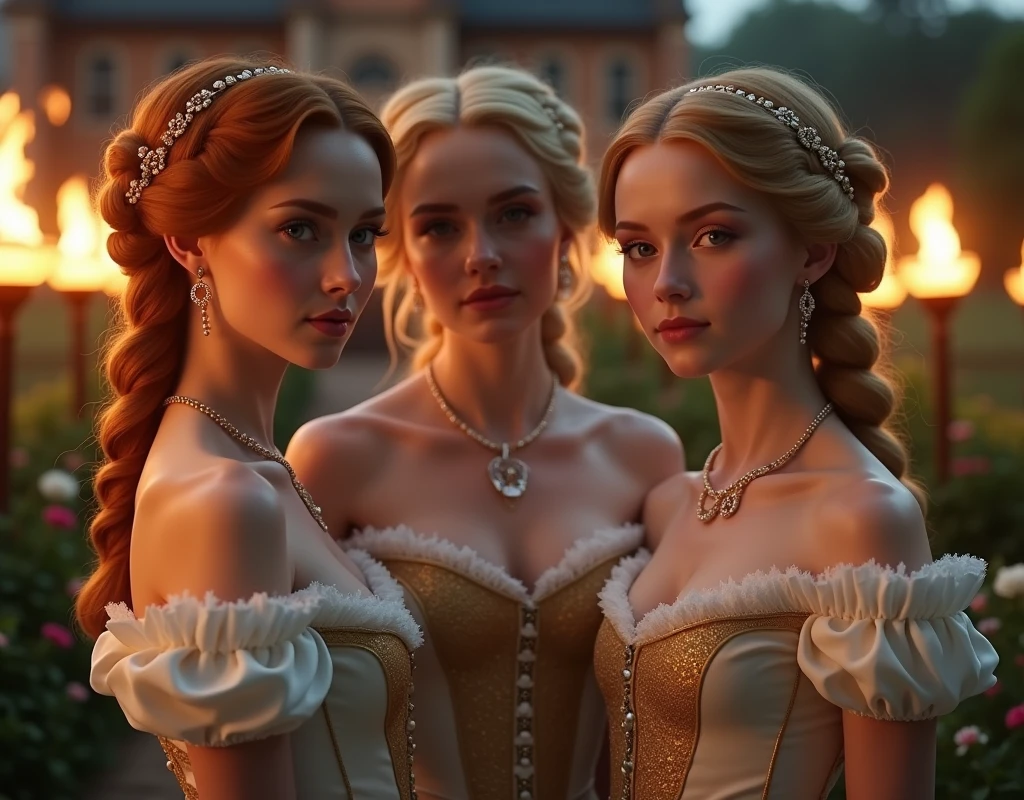 in Bridgerton, 3 girls, twins, 21 years, in England 1803, one redhead ((ginger)), one blonde, perfect green eyes, buns with braids, sides, built-in and with crown, ((best quality)), ((master piece)), (detailed), perfect face, beautiful, skinny, slim body, corset and gloves, golden and white underware, pearls, jewelry, in front of a castle house, rustic house, night time, flambeau fire, perfect garden, flowers, Prom