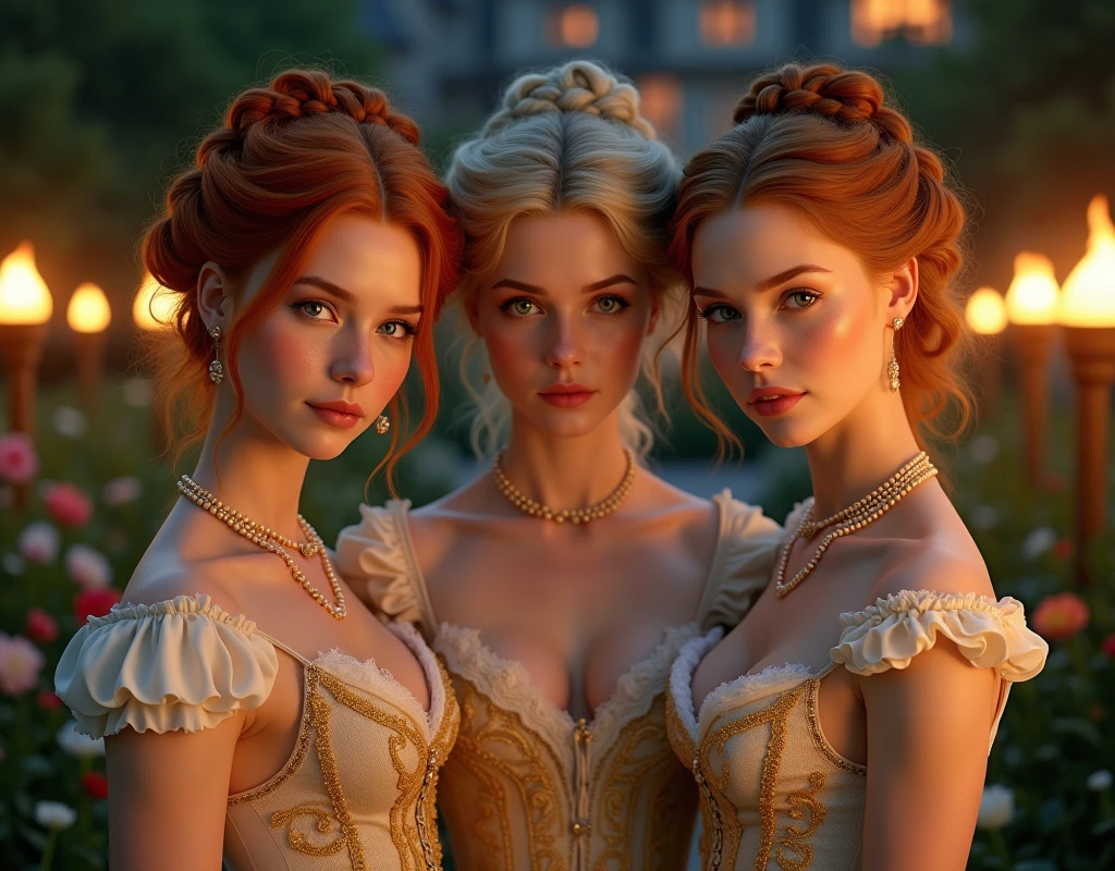 in Bridgerton, 3 girls, twins, 21 years, in England 1803, one redhead ((ginger)), one blonde, perfect green eyes, buns with braids, sides, built-in and with crown, ((best quality)), ((master piece)), (detailed), perfect face, beautiful, skinny, slim body, corset and gloves, golden and white underware, pearls, jewelry, in front of a castle house, rustic house, night time, flambeau fire, perfect garden, flowers, Prom 