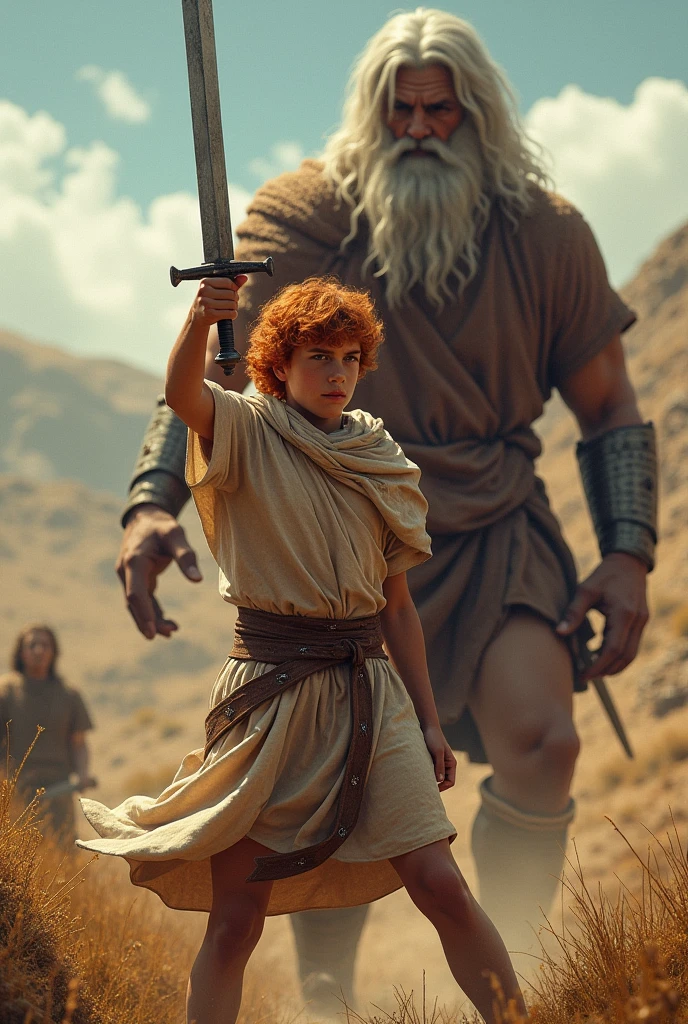 King David, adolescent, CUTTING OFF GOLIATH&#39;S HEAD WITH A SWORD, red hair, SHEEP SHEPHERD&#39;S CLOTHING, WITH A STONE AND A SLING IN HIS HANDS. 8K realistic picture.
