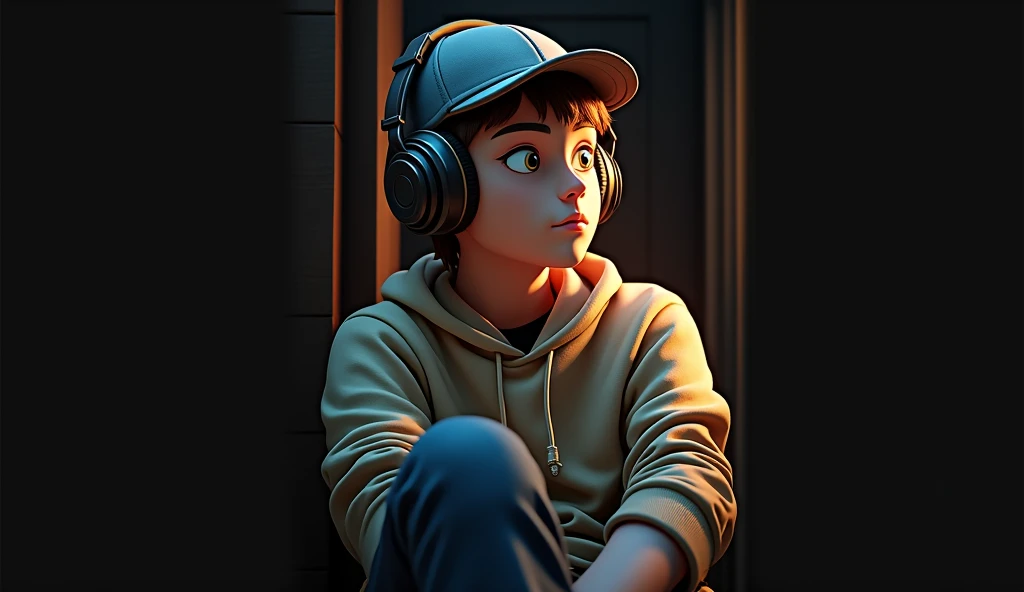 A young man named Xiao Remix is enjoying music in a relaxed manner. He is wearing large headphones, possibly over-ear, to experience the music more clearly. On his head, he has a hat, which could be a baseball cap or a beanie, adding to his personal style. Xiao is sitting comfortably, perhaps on a sofa, an armchair, or a park bench, with an expression of relaxation and focus on his own musical world. The scene might convey a sense of peace, privacy, and inspiration.