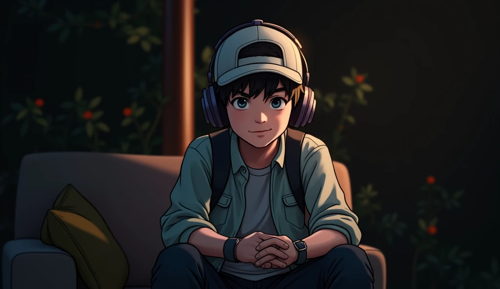 A young man named Xiao Remix is enjoying music in a relaxed manner. He is wearing large headphones, possibly over-ear, to experience the music more clearly. On his head, he has a hat, which could be a baseball cap or a beanie, adding to his personal style. Xiao is sitting comfortably, perhaps on a sofa, an armchair, or a park bench, with an expression of relaxation and focus on his own musical world. The scene might convey a sense of peace, privacy, and inspiration.