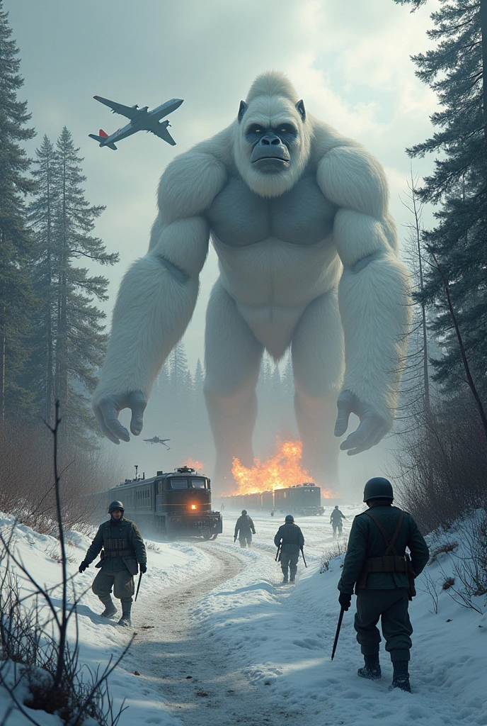 battlefield , Snowy forest , Mines , World War II structures , Soviet soldiers in black suits WWII vs German soldiers in German suits WW2 , with 18-meter-high white gorillas , European dragons killing Soviet soldiers  , Living skeletons against Soviet soldiers , machine guns , Soviet planes against European dragons ; armed train , More troops leave , explosions and trenches
