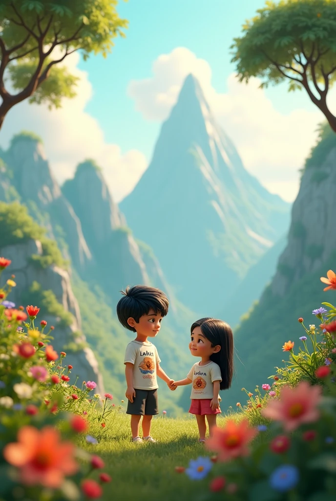 Craft an enchanting 4K 3D scene where a boy named "JAKIR," with the name printed on his shirt, and a gil named "SHAPLA" also with the name on her shirt, standing in front of a garden, enjoying the beautiful nature on the top of a mountain.