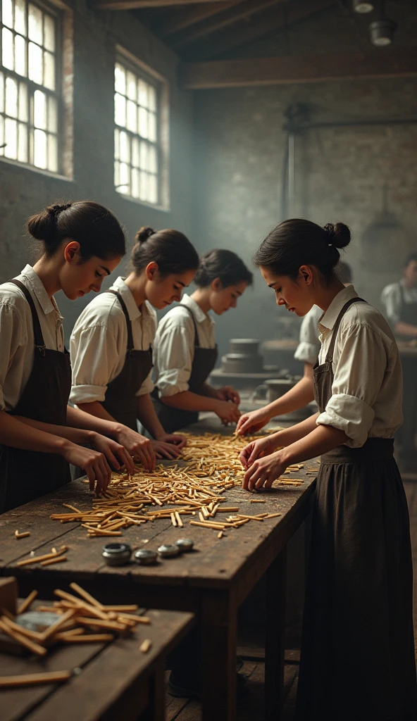 Group of girls working in a match factory 