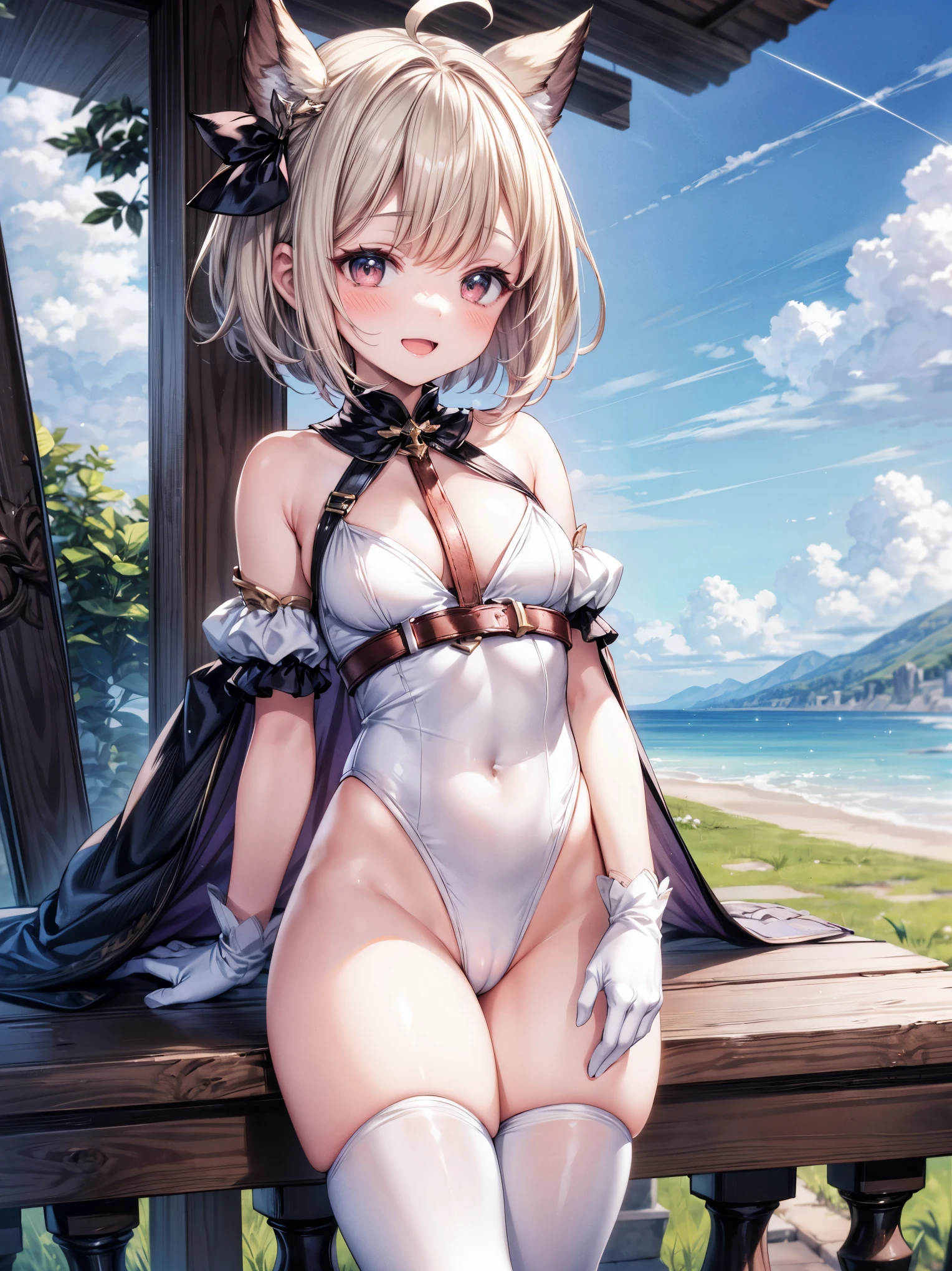 GRANBLUEfantasy,ung_teeirl,brown_hair,medium_bob_hair,platina_blond_hair,white_leotard,covered_crotch,thigh-highs,smile,standing,bluesky_landscape_background,slightly_spread_legs,happiness, short_gloves ,solo, r18, navel,relicbuster,short,boots,open_mouth,sitting,knees,blush,shy,piledriver,(crotch:1.3),solo,