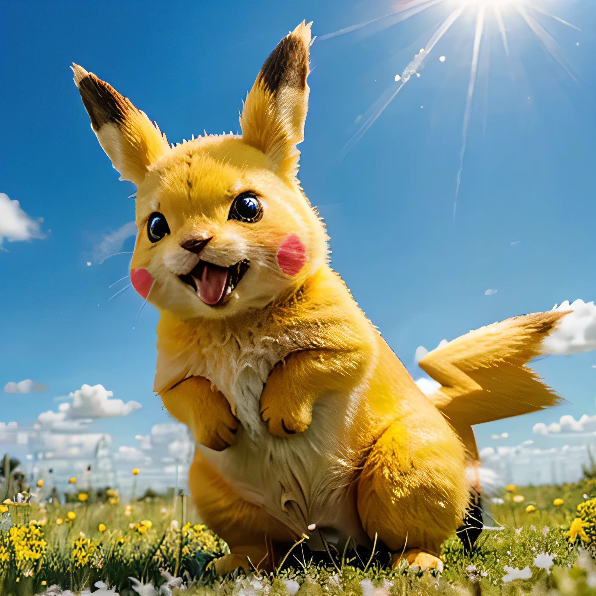 "A classic Pikachu standing on a grassy field under a clear blue sky. Pikachu's bright yellow fur is soft and fluffy, with its red cheeks glowing slightly as it gathers electric energy. Its large, expressive eyes are full of curiosity and excitement. Pikachu's lightning bolt-shaped tail is held high, and its ears are perked up, alert and playful. The background shows a peaceful, sunlit meadow with scattered wildflowers and a gentle breeze rustling through the grass."