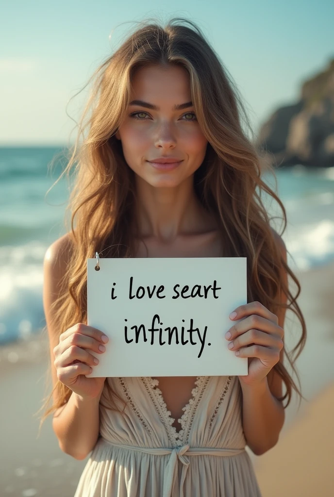 Beautiful girl with wavy long hair, bohemian dress, holding a white board with text "I Love Seaart Infinity" and showing it to the viewer