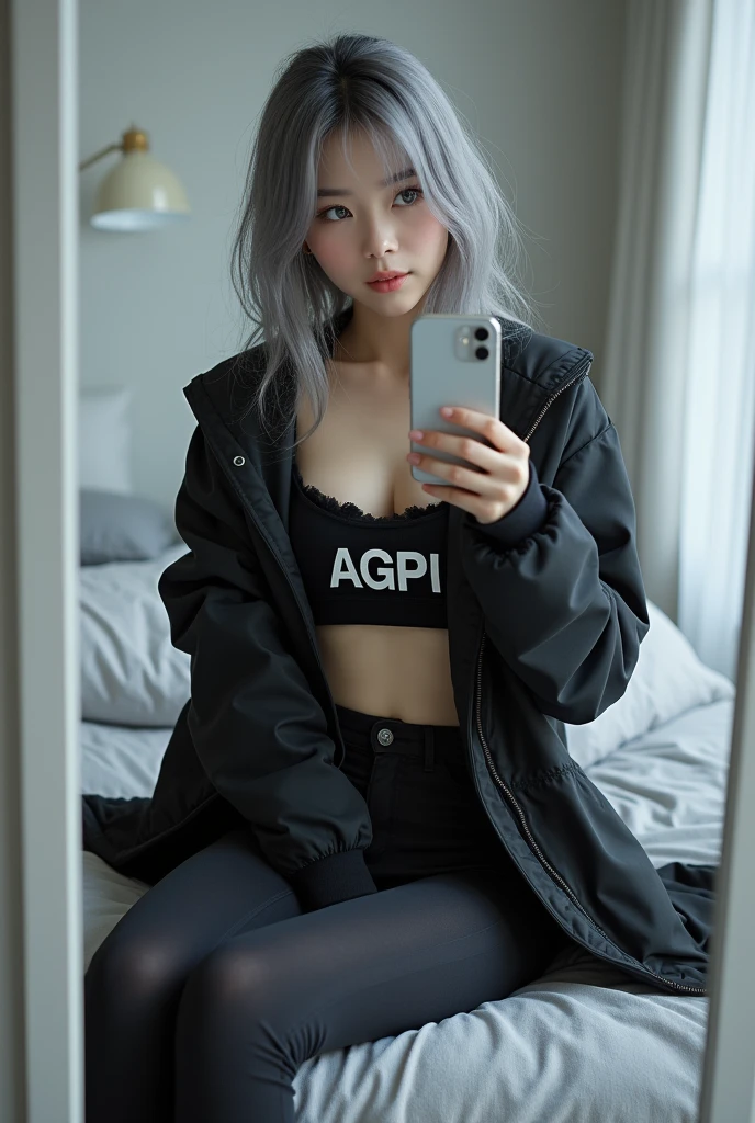 highly detailed, beautiful, hyper Realistic girl, masterpiece, best quality, Depict a mysterious and sophisticated beautiful Japanese gravure model,, 28-years-old, identity hidden, all body shot, / gray arranged hair, small head, Detailed face, cute and Pretty slim face, wide Duck mouth, perfect beautiful Tooth, arranged gray hair, shiny eyes, blue-colored eyes, Realistic skin, Detailed face, / detailed clothes, A sporty and modern outfit featuring a cropped top with a bold logo "AGPI", designed to accentuate the body’s contours. The top is paired with a breathable Rough mesh overlay that adds a stylish, athletic vibe. The cropped length of both tops creates a layered look. Completing the outfit is an oversized MOUNTAIN Parker that provides a cool and voluminous contrast, balancing the overall appearance and enhancing the active, urban aesthetic., //// simple white single room, gray frame mirror, complicated background /// takes a selfie in her room using a smartphone in front of a mirror with one hand, sitting and fashion model Posing, all body below shot, looking away from the camera,