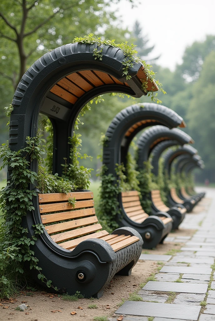 propose moi des idées de conception des bancs public avec des pneus de voiture avec un abri soleil