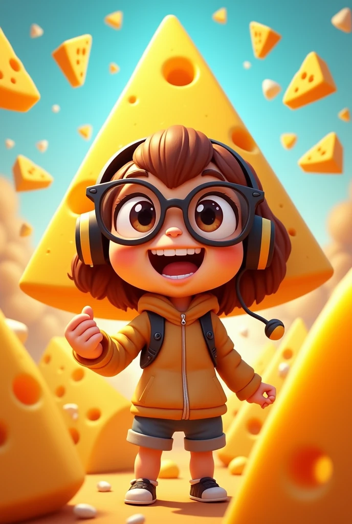 happy triangular gamer girl cheese with glasses animate
