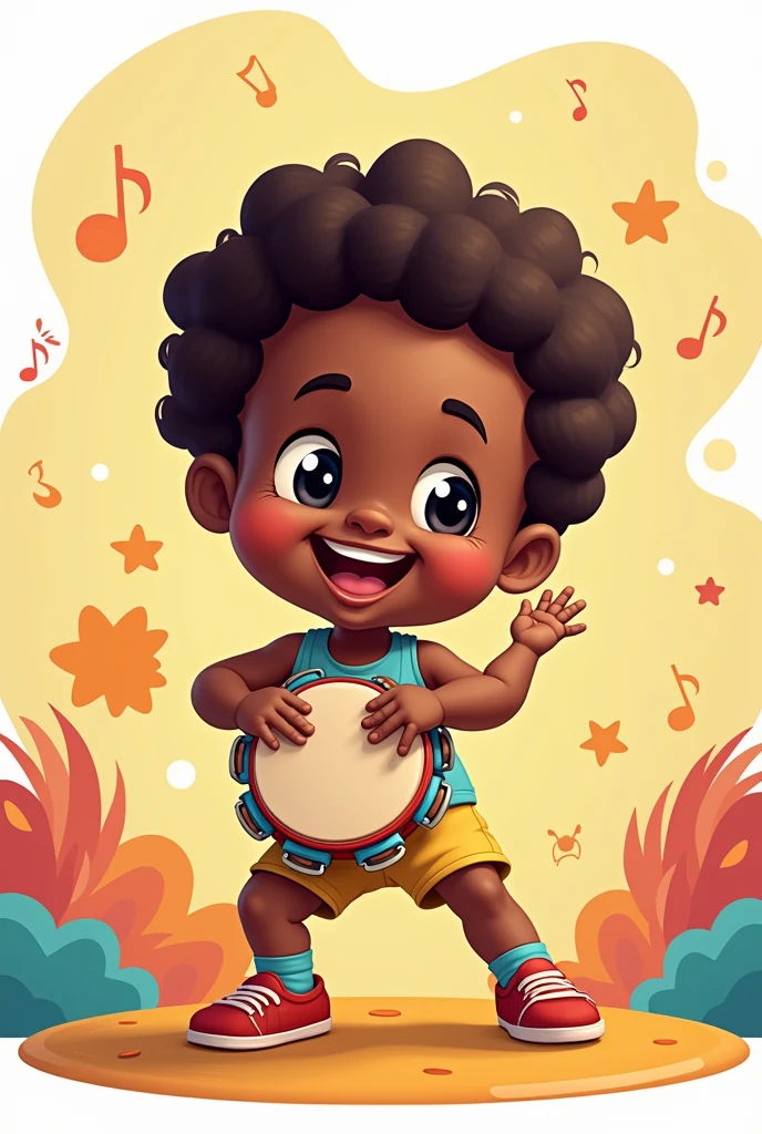 Cute black baby playing tambourine cartoon background png