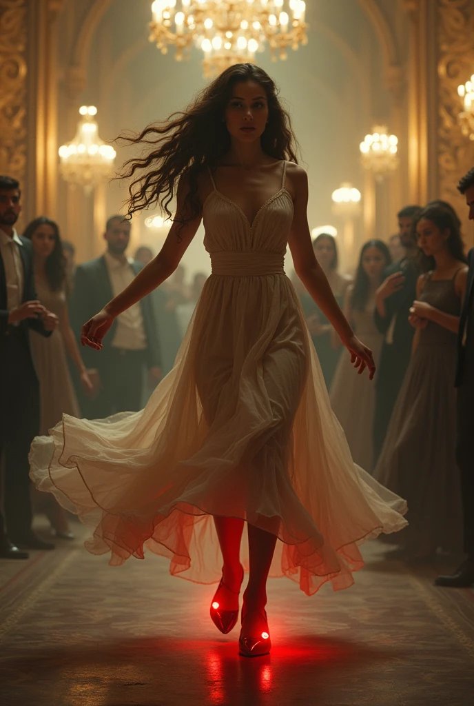 A realitic portrait of In a grand, lavish ballroom, the girl dances uncontrollably. Her face shows increasing fear and exhaustion, as she struggles to stop. The red shoes seem to have a life of their own, glowing softly as they compel her to keep moving. The crowd around her watches in a mix of fascination and concern, their faces blurred and ghostly