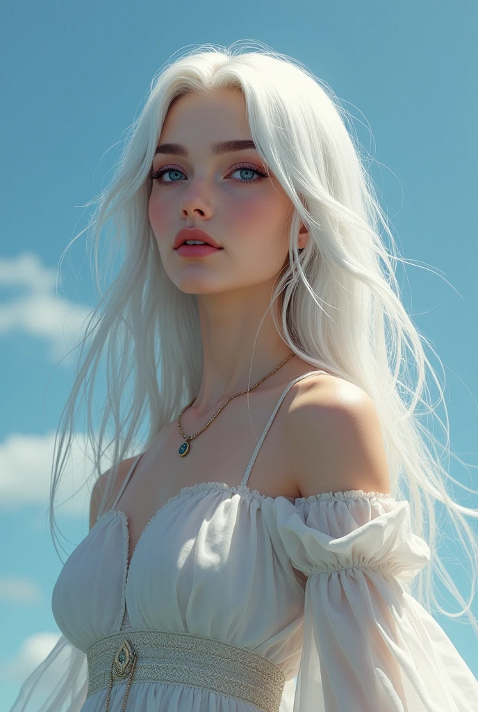 Physical Characteristics:

- Eliana has an unparalleled beauty, with pale and luminous skin like silver, long silky silver-white hair, and eyes as blue as the sky.
- Her face is delicate and oval., with high cheekbones and a small, straight nose.
- Her figure is slender and elegant, with soft curves and a medium height.

Personality traits:

- Eliana is a kind and compassionate person, with a heart full of love and empathy.
- She is intelligent and cunning, with a quick mind and a sharp tongue.
- Despite his illness, Eliana is strong and determined, with an iron will and a thirst for life.