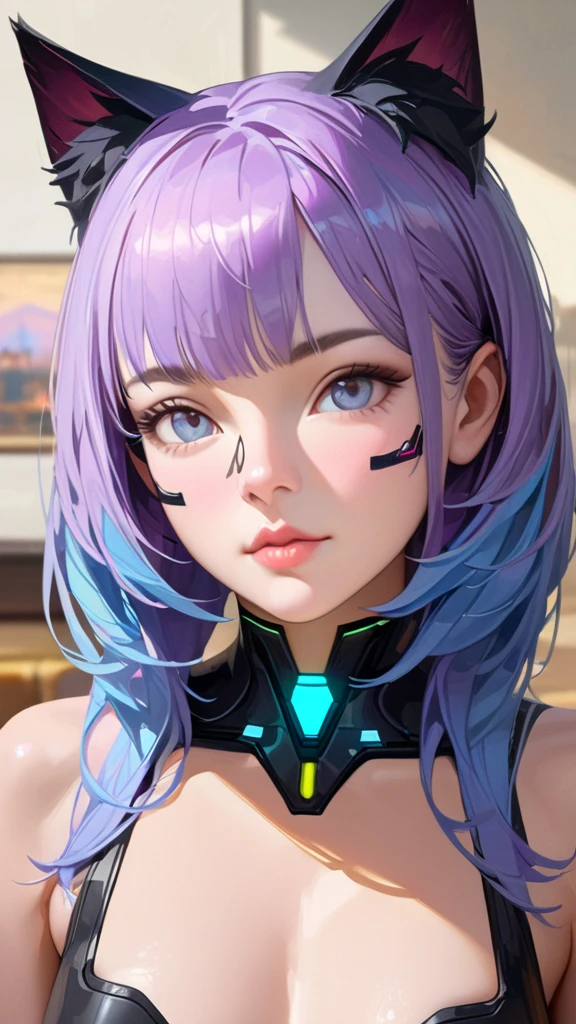 Cyberpunk cat girl neko with cyberpunk prosthesis, cat ears, A woman in her 30s, Brunette with light purple and blue hair, Whole body, perfect body, detailed face, pretty eyes, Beautiful nose, Beautiful lips, detailed facial features, elegant, serene expression, intricate details, oil painting, Very detailed, 4k, 8k, photorealistic, masterpiece, dramatic lighting, cinematographic composition, wearing a Gucci dress with a Gucci bag she is in a pool, drinking a glass of red wine, red gucci lingerie