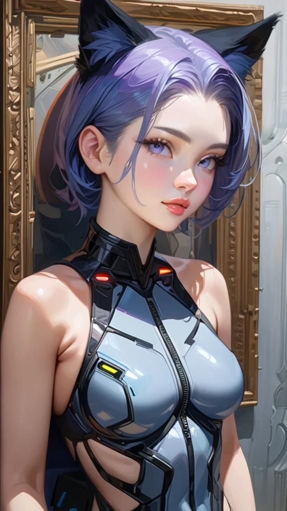 Cyberpunk cat girl neko with cyberpunk prosthesis, cat ears, A woman in her 30s, Brunette with light purple and blue hair, Whole body, perfect body, detailed face, pretty eyes, Beautiful nose, Beautiful lips, detailed facial features, elegant, serene expression, intricate details, oil painting, Very detailed, 4k, 8k, photorealistic, masterpiece, dramatic lighting, cinematographic composition, wearing a Gucci dress with a Gucci bag she is in a pool, drinking a glass of red wine, red gucci lingerie