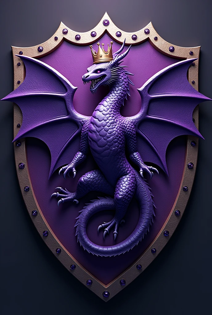 Football shield with image of dragon with wings and crown in purple color