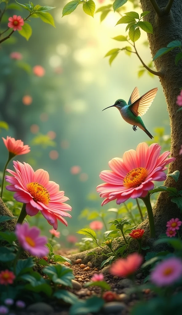 A beautiful and peaceful forest with a hummingbird and many flowers and a big, bright flower