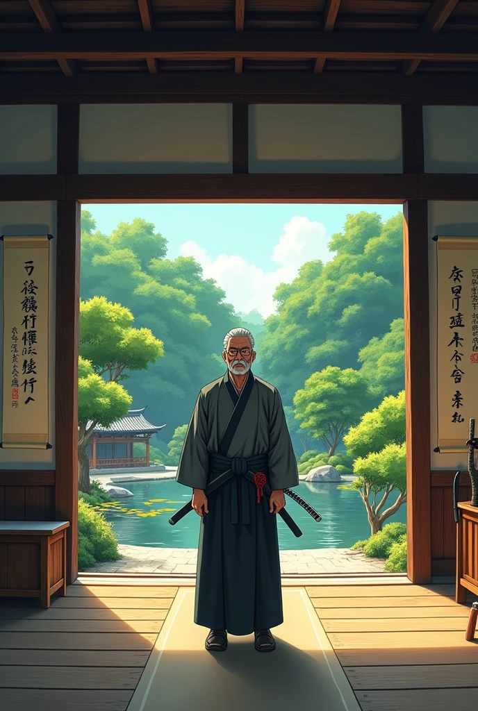 Old anime samouraï sensei in a japanese dojo