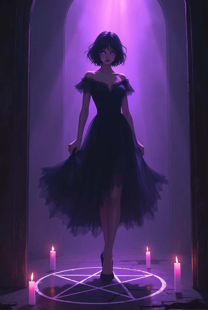 A with woman, very pretty, purple obliquos eyes, a hair black, short, in a house, pentagram on the floor, casting spells, floating candles around you, dark place and dim purple lighting