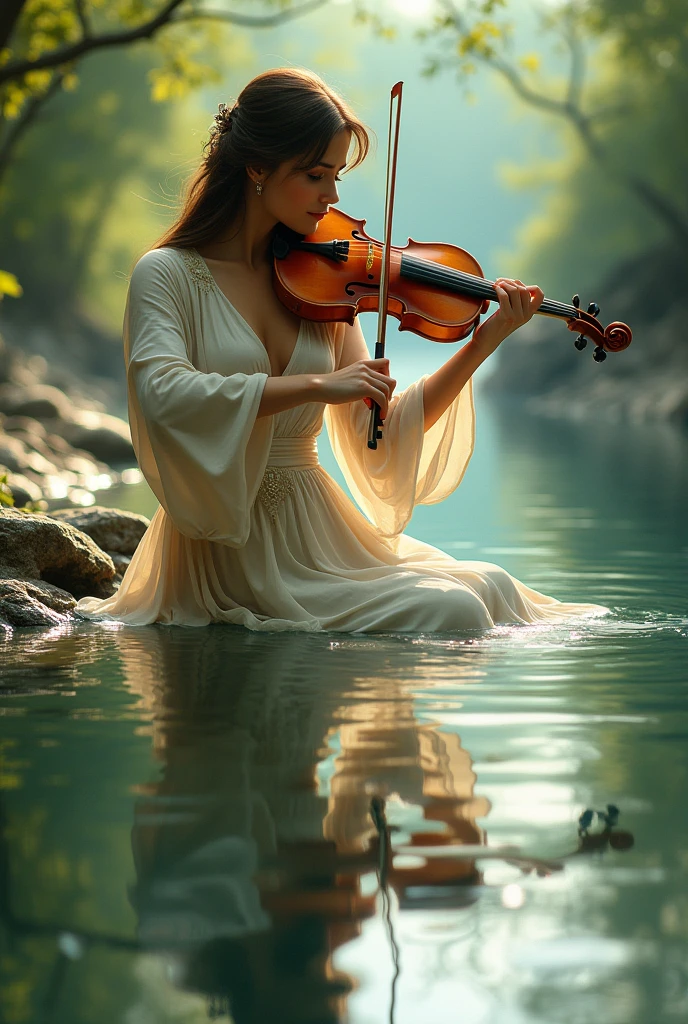 Drawing of a woman playing the violin and looking at her reflection in the river