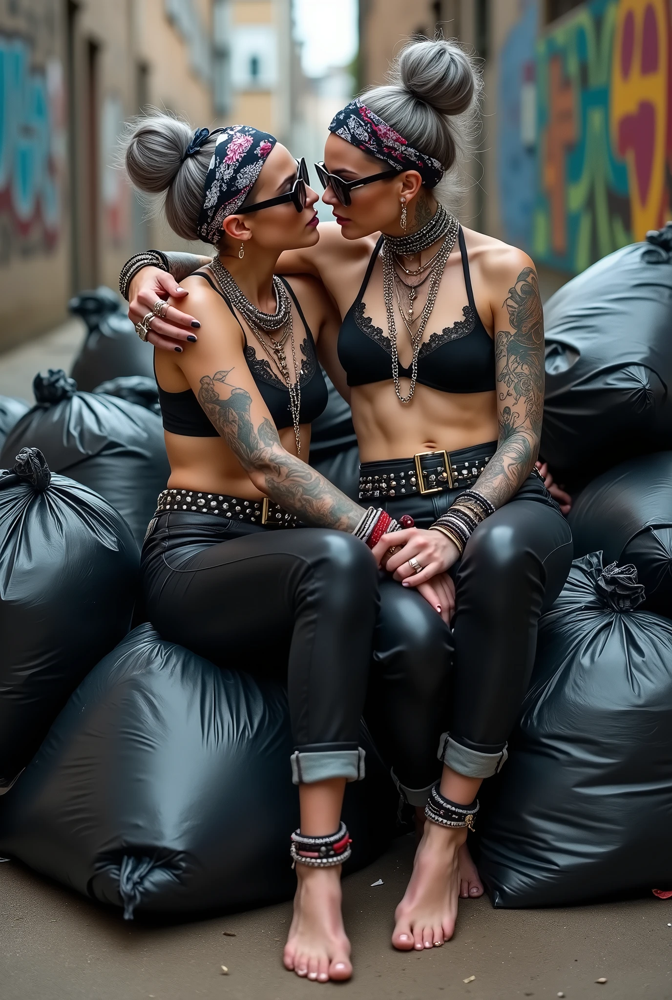 Two russian milf women; the dominant woman with power stance protecting the submissive and needy one, arm around her shoulder and grabbing her forearm , different clothes but same rock chic style. grey hair (bouffant, top bun) and oversized square sunglasses and wide colourful bandana as headband. Big lips. Black lace push up bra, silicone breast,, tight skinny black low rise leather and denim jeans. Barefoot with necklaces in ankles. Lots of thick wide studded bracelets, chain necklaces and big rings,. Two loose studded belts. Long earrings with chains and feathers. Sitting on a pile of huge black plastic bags. Lazy, leaning back, laid back pose, separated legs, hands on crotch. Neck, chest, stomach, feet, hands, arms and wrists heavily tattoed. Toned abdominals, thin neck, slim legs and thin arms. Narrow hips. Full body. At a dead end street with graffitied walls, ground littered with waste . Nuns get close. Some nuns in the background get close. Full body, seen from above