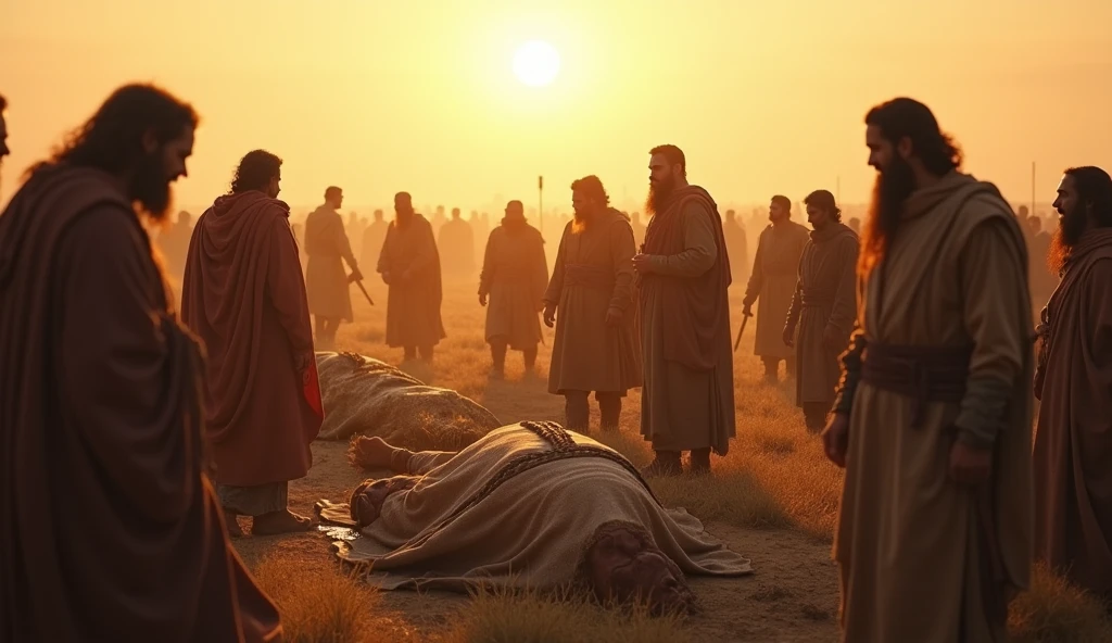 "An ancient battlefield at dawn, with the bodies of Saul and his sons respectfully laid out. Villagers gather solemnly, preparing for the ritual of cremation, reflecting a historical and reverent atmosphere -ar 16:9"