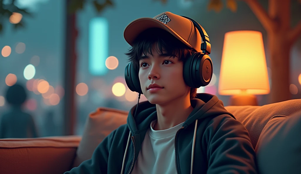 (photorealism:1.2), a handsome young man((Ariel Noah is the vocalist of the band.)), sitting with his head lowered looking at a cup of coffee on the table, black slim fit shirt, headphones around his neck, position in front of the camera, the street light shines on him, at a small cafe on the edge of the road at night, crowded with people, muda mudi, street lamps, a billboard, poster, road sign, traffic lights, electric pole, direction sign