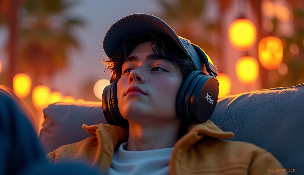 A young man named Xiao Remix is enjoying music in a relaxed manner. He is wearing large headphones, possibly over-ear, to experience the music more clearly. On his head, he has a hat, which could be a baseball cap or a beanie, adding to his personal style. Xiao is sitting comfortably, perhaps on a sofa, an armchair, or a park bench, with an expression of relaxation and focus on his own musical world. The scene might convey a sense of peace, privacy, and inspiration.