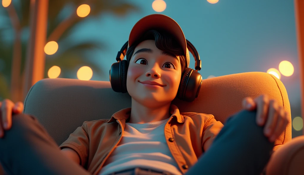 A young man named Xiao Remix is enjoying music in a relaxed manner. He is wearing large headphones, possibly over-ear, to experience the music more clearly. On his head, he has a hat, which could be a baseball cap or a beanie, adding to his personal style. Xiao is sitting comfortably, perhaps on a sofa, an armchair, or a park bench, with an expression of relaxation and focus on his own musical world. The scene might convey a sense of peace, privacy, and inspiration.