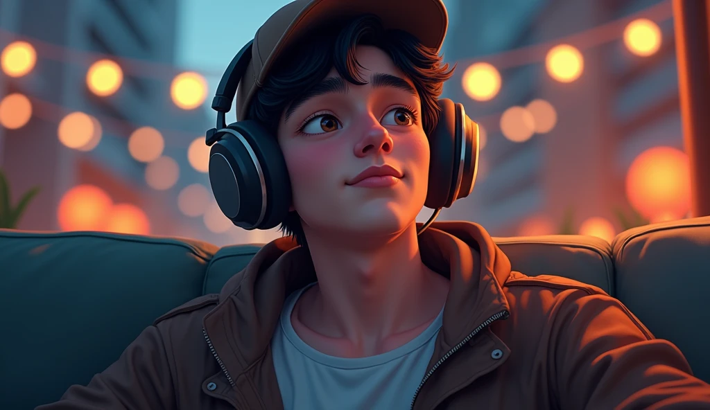 A young man named Xiao Remix is enjoying music in a relaxed manner. He is wearing large headphones, possibly over-ear, to experience the music more clearly. On his head, he has a hat, which could be a baseball cap or a beanie, adding to his personal style. Xiao is sitting comfortably, perhaps on a sofa, an armchair, or a park bench, with an expression of relaxation and focus on his own musical world. The scene might convey a sense of peace, privacy, and inspiration.