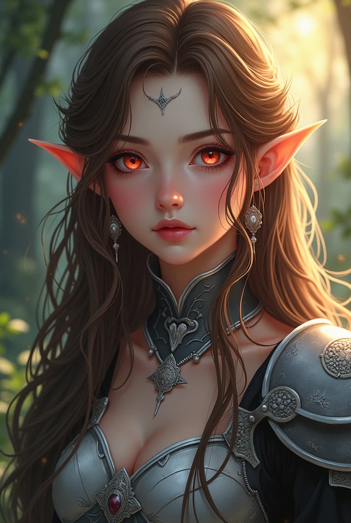 Anime-style scene, selective focus, lens flare, vivid colors, an enchanting elf girl adorned in intricate silver armor, her long brown hair cascading over her shoulders, piercing red eyes glowing amidst the mysterious twilight of an ancient forest, close-up, soft natural lighting, her face a marvel of detail with meticulously applied makeup highlighting her ethereal beauty, a delicate silver necklace accentuating her regal bearing, surrounded by the vibrant flora of her woodland realm
