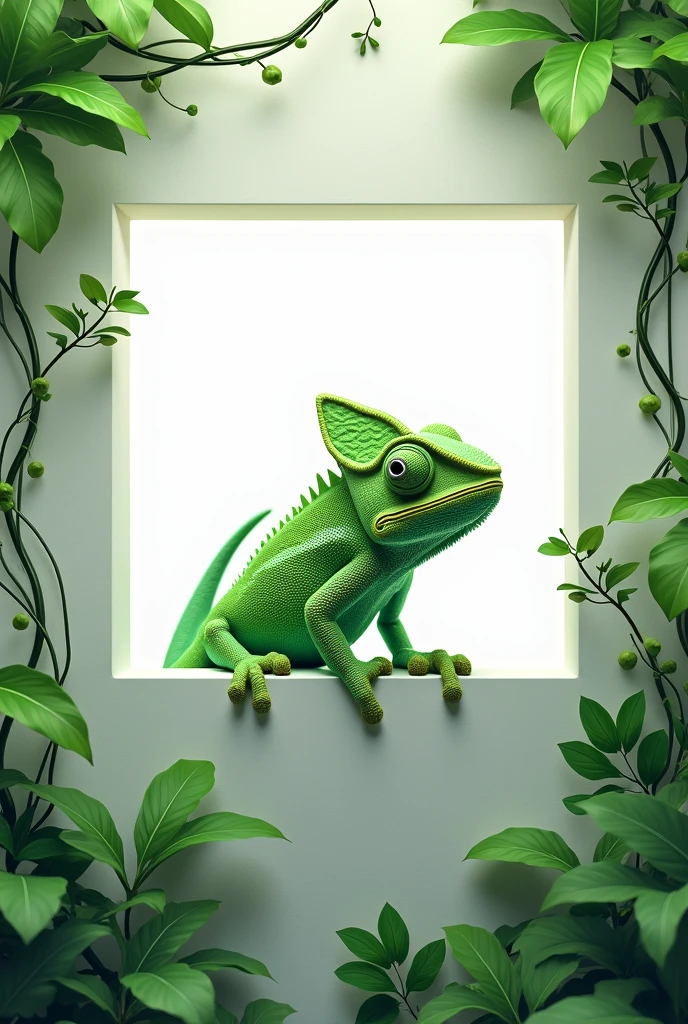 Make a green chameleon coming out of a white square, 3D for a 1024x1024 website with leaves around it resembling nature

