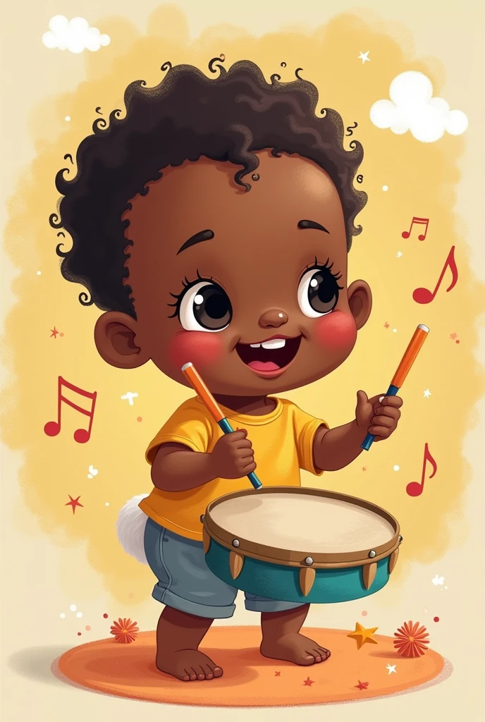Cute black baby playing tambourine cartoon 