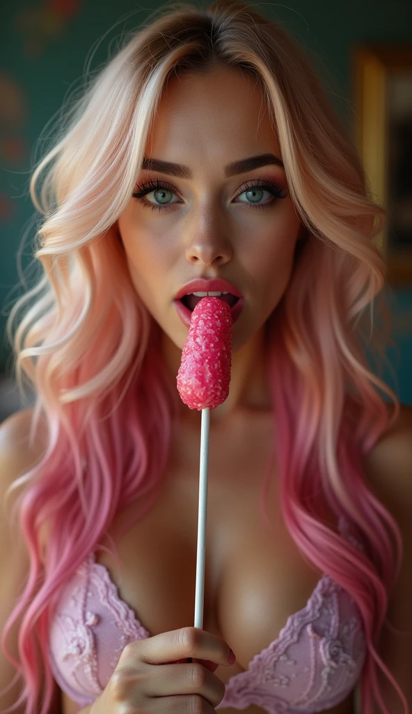 ultra realistic, photography, long pink hair, (wavy elegant hair, blue eyes, perfect round lips, 2, gorgeous face, voluptuous figure, perfect fit body, big enhanced breasts), femme fatale, Long eye lashes, seductive eyes, Award Winning Glamour Photograph extremely detailed award winning glamour photograph, front lit, HDR, detailed woman face looking at the camera, photorealistic, sharpened eyes, (((eyes to the camera))), glossy lipstick, leaning forward and biting on a long lollipop, she has her mouth open and her tongue touches the lollipop, she is moaning