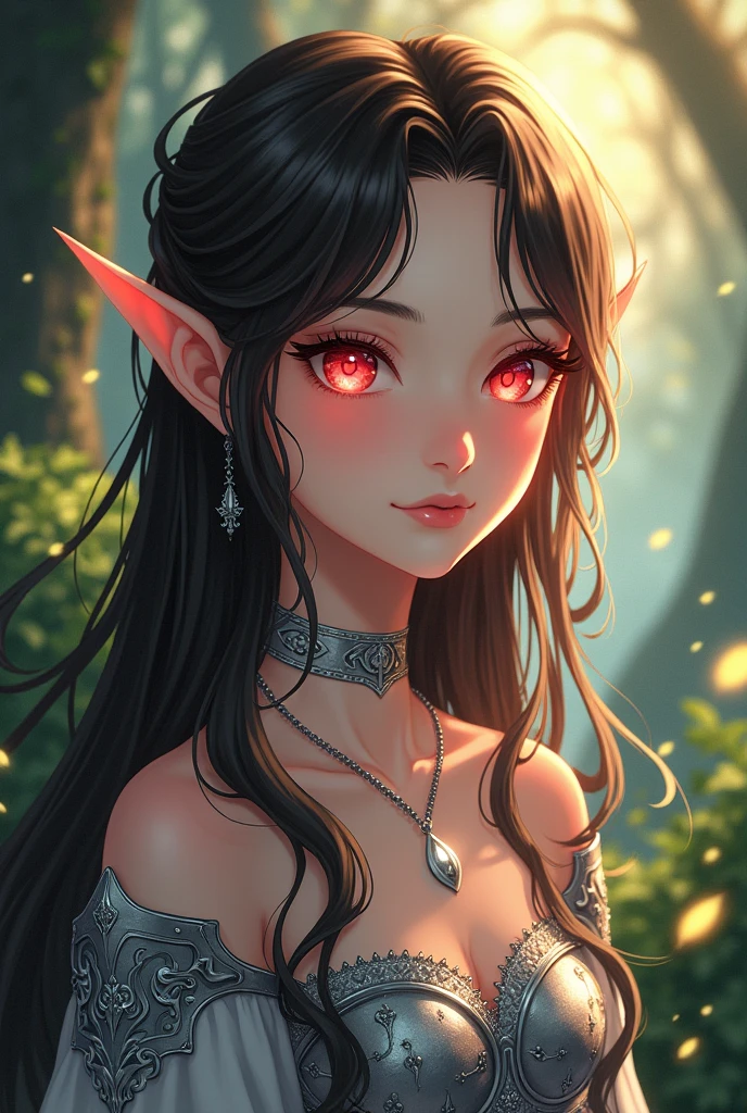 Anime-style scene, selective focus, lens flare, vivid colors, an enchanting elf girl adorned in intricate silver armor, her long brown hair cascading over her shoulders, piercing red eyes glowing amidst the mysterious twilight of an ancient forest, close-up, soft natural lighting, her face a marvel of detail with meticulously applied makeup highlighting her ethereal beauty, a delicate silver necklace accentuating her regal bearing, surrounded by the vibrant flora of her woodland realm