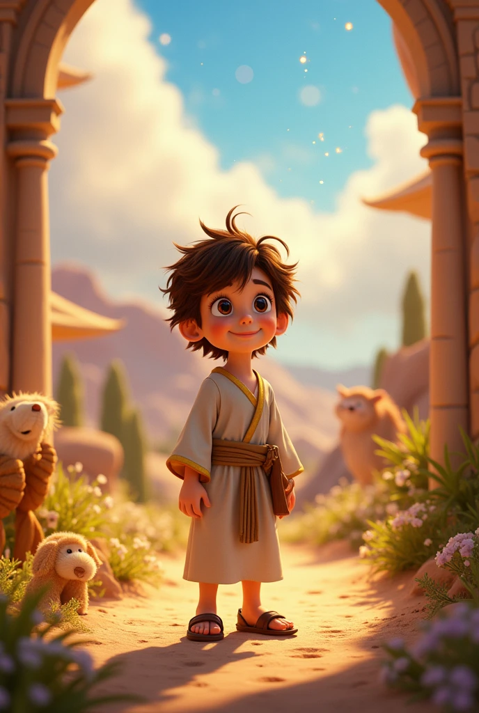 A 3D movie poster in Disney-Pixar style of Jesus as a  kid
