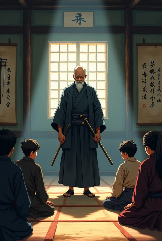 Old misterious anime samouraï sensei in a japanese dojo