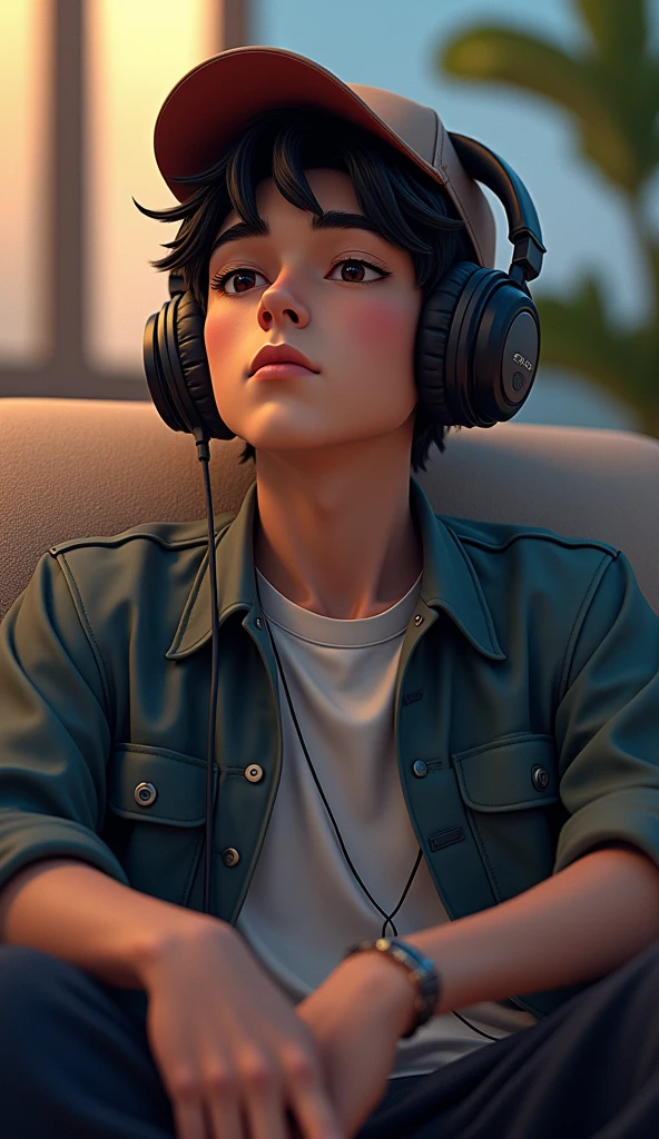 A young man named Xiao Remix is enjoying music in a relaxed manner. He is wearing large headphones, possibly over-ear, to experience the music more clearly. On his head, he has a hat, which could be a baseball cap or a beanie, adding to his personal style. Xiao is sitting comfortably, perhaps on a sofa, an armchair, or a park bench, with an expression of relaxation and focus on his own musical world. The scene might convey a sense of peace, privacy, and inspiration.