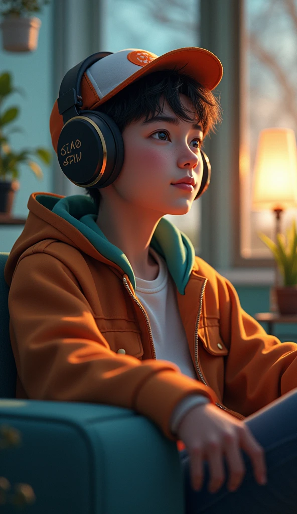 A young man named Xiao Remix is enjoying music in a relaxed manner. He is wearing large headphones, possibly over-ear, to experience the music more clearly. On his head, he has a hat, which could be a baseball cap or a beanie, adding to his personal style. Xiao is sitting comfortably, perhaps on a sofa, an armchair, or a park bench, with an expression of relaxation and focus on his own musical world. The scene might convey a sense of peace, privacy, and inspiration.
