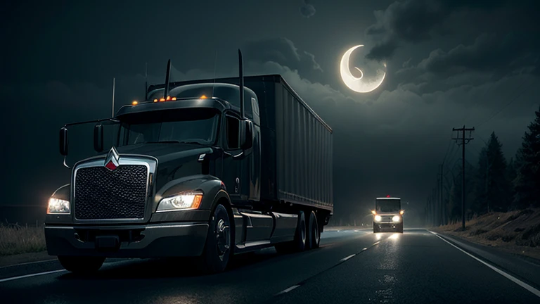 a semi-truck on a dark country road at night, eerie glowing headlights, ominous fog, gloomy cloudy sky, crescent moon, ominous shadows, horror atmosphere, dark moody lighting, cinematic angle, detailed realistic 3d rendering, unreal engine, highly detailed, masterpiece
