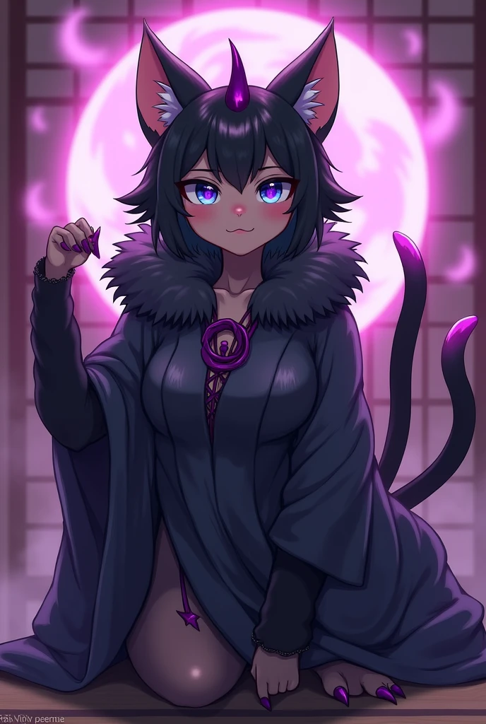 furry cat girl, anime western style art, small cat ears, large breasts, blue blue and violet colored cat eyes, slit irises, thin iris, violet mist aura, body, jet black kimono laced with dark purple linen, cat fur covering body, violet claws, furry person, paws, cat face, muzzle, Japanese background, paws, demonic violet aura, long hair, silky hair, straight hair, black fur covering entire body, Multiple tails, small purple demon single horn on forehead, toe-beans on paws, purple claws, visible paw pads, cute, magical violet aura, black fur, purple gemstone kimono, 9 cat tails. Furry Wings, Medium sized Wings, flying, large smile, straight hair, flying, adorable, paws,