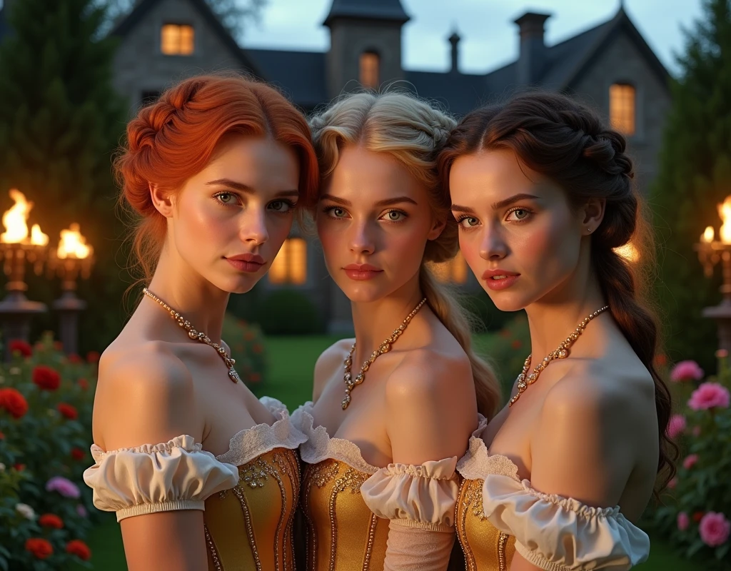 in Bridgerton, 3 girls, twins, 21 years, in England 1803, one redhead ((ginger)), one blonde, one brunette, perfect green eyes, buns with braids, sides, built-in and with crown, ((best quality)), ((master piece)), (detailed), perfect face, beautiful, skinny, slim body, corset and gloves, golden and white underware, pearls, jewelry, in front of a castle house, rustic house, night time, flambeau fire, perfect garden, flowers, Prom