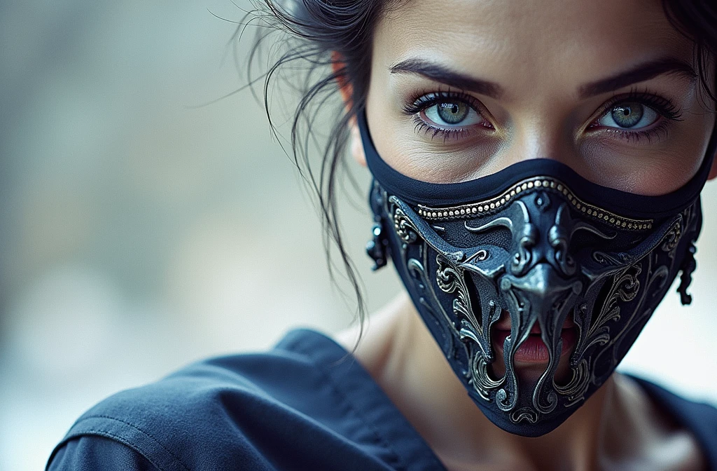 a beautiful woman wearing a mask resembling the actor sam elliott, detailed face, intricate mask design, cinematic lighting, dramatic chiaroscuro lighting, dark moody colors, dramatic composition, award winning painting