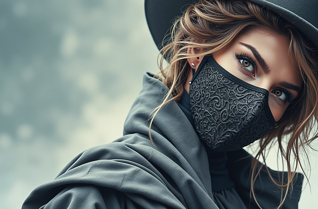 a beautiful woman wearing a mask resembling the actor sam elliott, detailed face, intricate mask design, cinematic lighting, dramatic chiaroscuro lighting, dark moody colors, dramatic composition, award winning painting
