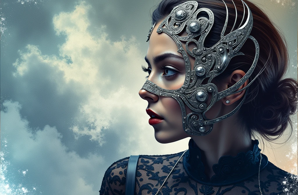 a beautiful woman wearing a mask resembling the actor sam elliott, detailed face, intricate mask design, cinematic lighting, dramatic chiaroscuro lighting, dark moody colors, dramatic composition, award winning painting
